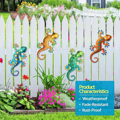 4 Pcs Metal Gecko Outdoor Decorations - Metal Lizards Wall Art Hanging Sculpture Decoration for Garden Yard Fence Porch Exterior Wall Decor