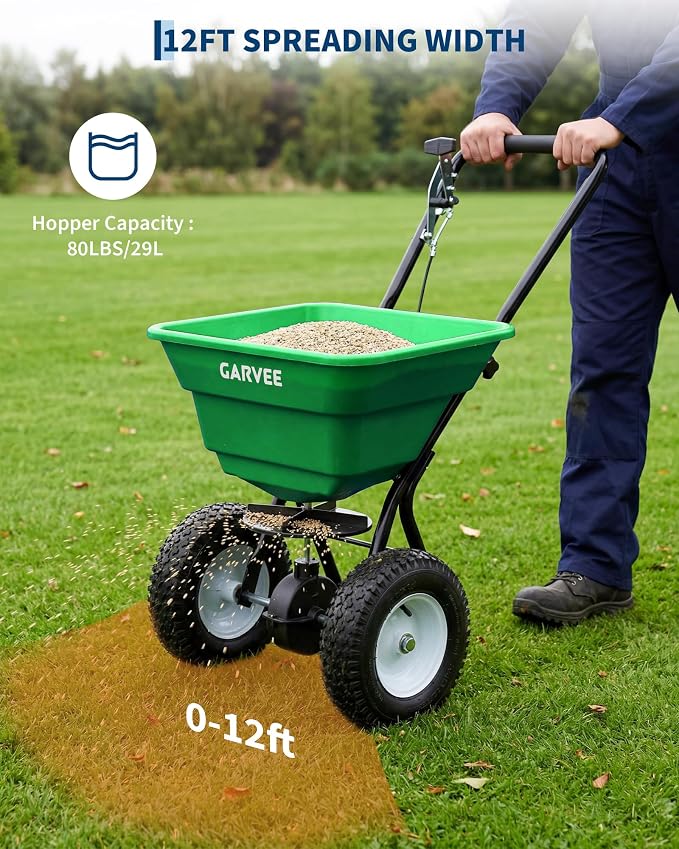 80 LBS Push Broadcast Spreader, 12FT Spreading Width, 13in All-Terrain Wheels, Adjustable Flow Control, Heavy Duty Walk Behind Lawn Spreader for Fertilizer, Grass Seed, Ice Melt, Salt