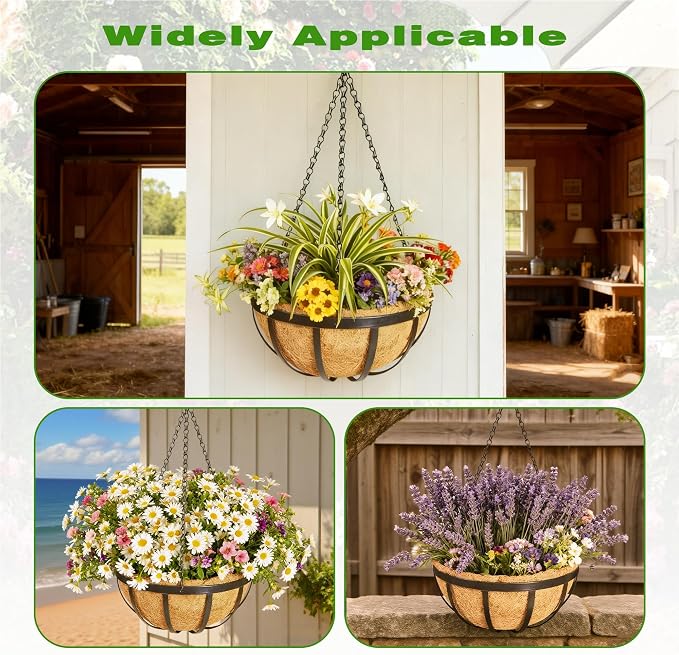 2 Pack 12 Inch Black Metal Hanging Basket Hanging Planter with Coco Coir Liner Heavy Duty Hanging Flower Pot Holder for Indoor Outdoor Patio Garden Porch Balcony Decor (Flat Iron)