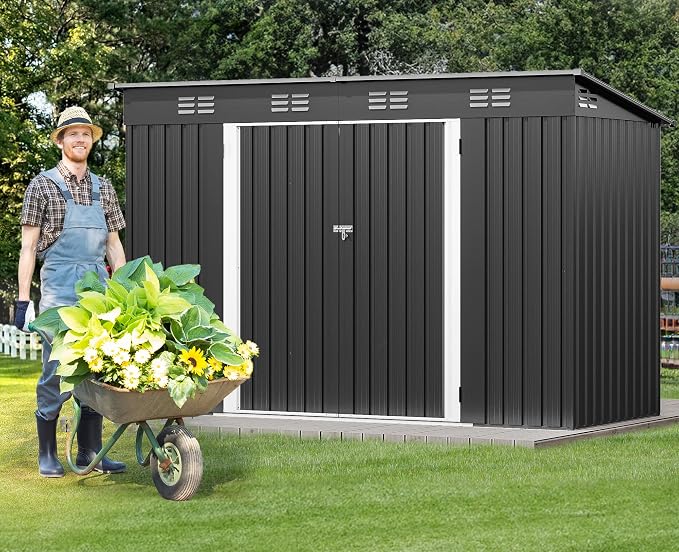 DWVO 8.5x3.5ft Large Outdoor Storage Shed, Metal Tool Sheds, Heavy Duty Tool Storage with Lockable Doors & Air Vent for Backyard Patio Lawn to Store Bikes, Tools, Lawnmowers, Dark Gray