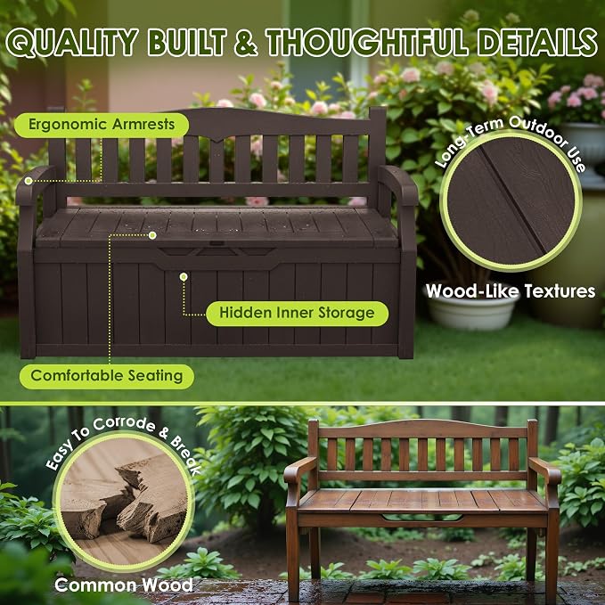 Greesum 80 Gallon Heavy-Duty Outdoor Storage Bench with Cushion, UV-Resistant Resin Bench with Armrest, Deck Box for Garden, Poolside, Patio, Dark Brown