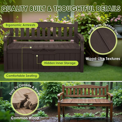 Greesum 80 Gallon Heavy-Duty Outdoor Storage Bench with Cushion, UV-Resistant Resin Bench with Armrest, Deck Box for Garden, Poolside, Patio, Dark Brown