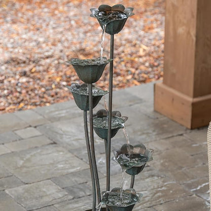 XBrand 35" Tall Silver Metal Sculptural Flower Multi-Tier Freestanding Water Fountain for Indoor & Outdoor Use, Decorative Garden Patio Backyard Water Feature