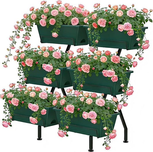 Vertical Raised Garden Bed 3 Tier Vertical Garden Planter with 6 Container Boxes Indoor Outdoor Standing Herb Planter with Drainage Holes Removable Tray for Small Space Patio Balcony Porch, Green