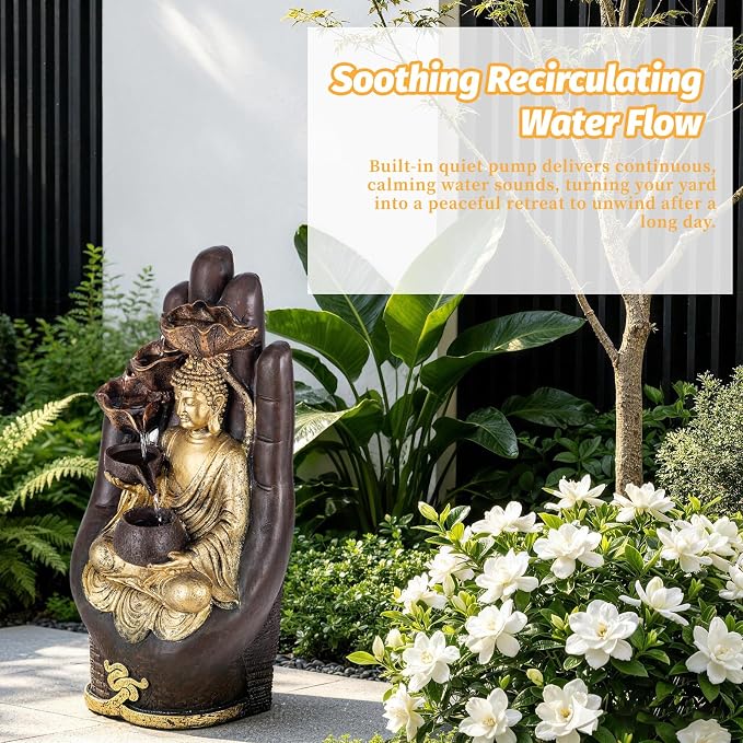 23" H Buddha Water Fountain, Outdoor Buddha Fountain with LED Lighting, Zen Relaxing Waterfall Indoor Fountain for Patio, Porch, or Yard Decor