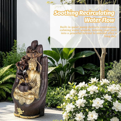 23" H Buddha Water Fountain, Outdoor Buddha Fountain with LED Lighting, Zen Relaxing Waterfall Indoor Fountain for Patio, Porch, or Yard Decor