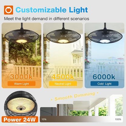 addlon Outdoor Ceiling Fan with Light for Patios, 20" IP65 Waterproof Gazebo Fan Remote&APP Control, 6 Speeds, 3CCT Dimmable, Plug in Ceiling Fan with Hook Hanging Caged Fan for Pergola Porch Canopy
