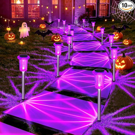 DenicMic Solar Halloween Lights Outdoor 10 Pack Purple LED Halloween Decor | Yard Garden Pathway Walkway Patio Lawn, Spike Style Starburst Pattern, Acrylic/Stainless Steel Halloween Decorations Outdoor