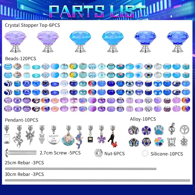 AIPRIDY DIY Crystal Beaded Fairy Wand Garden Stakes Kit, Colorful Decorative Wands with Assembly Guide, 12 or 10 Inch Threaded Rods,Outdoor Garden Decoration Set (174, Purple+Aqua+Blue+Diamond Top)