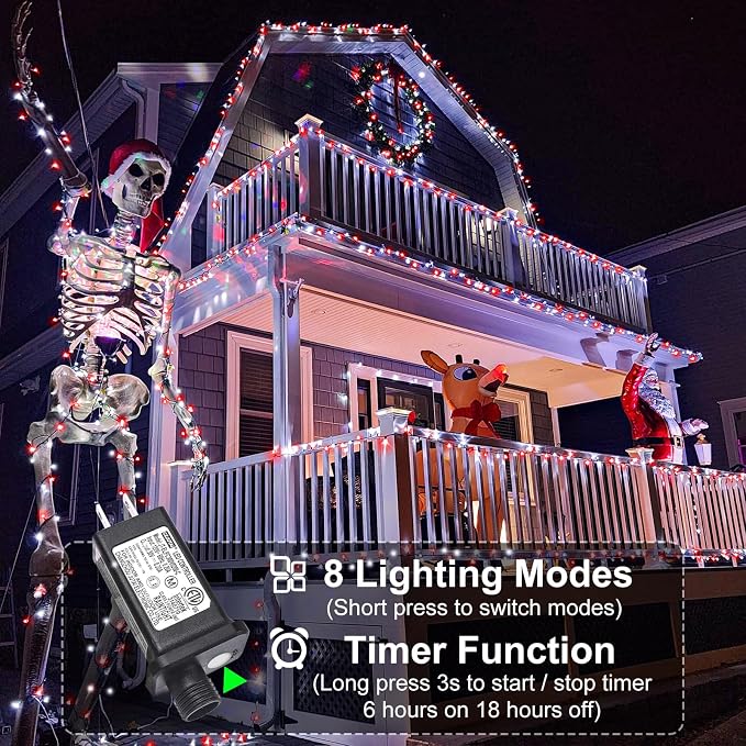 100FT 300 LED Christmas Lights Outdoor, Plug in Christmas Tree Lights Waterproof, 8 Modes String Lights for Outside House Patio Xmas Garden Party Holiday Decorations, Red and White
