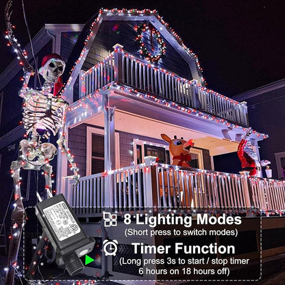 100FT 300 LED Christmas Lights Outdoor, Plug in Christmas Tree Lights Waterproof, 8 Modes String Lights for Outside House Patio Xmas Garden Party Holiday Decorations, Red and White