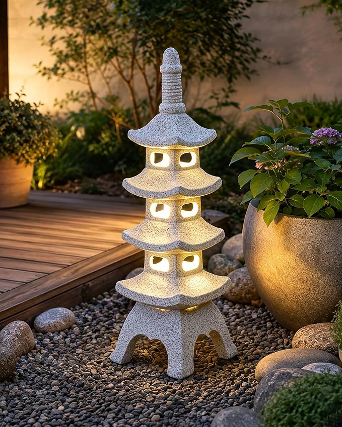 Nacome Solar Pagoda Garden Statues: 15.7 inches Multi-Layer Outdoor Weatherproof Resin Zen Decor for Landscape Balcony Patio Porch Yard Ornament(Gray)