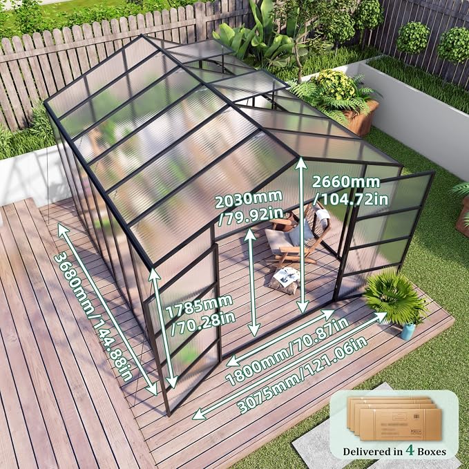 10x12 FT Greenhouse, Walk-in Heavy Duty Polycarbonate Outdoor Greenhouses with Raised Base & Anchor, Height-Enhanced Aluminum Frame & Drainage System for Backyard All Season Growing, Black