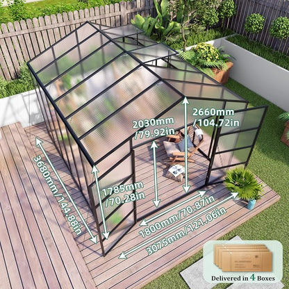10x12 FT Greenhouse, Walk-in Heavy Duty Polycarbonate Outdoor Greenhouses with Raised Base & Anchor, Height-Enhanced Aluminum Frame & Drainage System for Backyard All Season Growing, Black