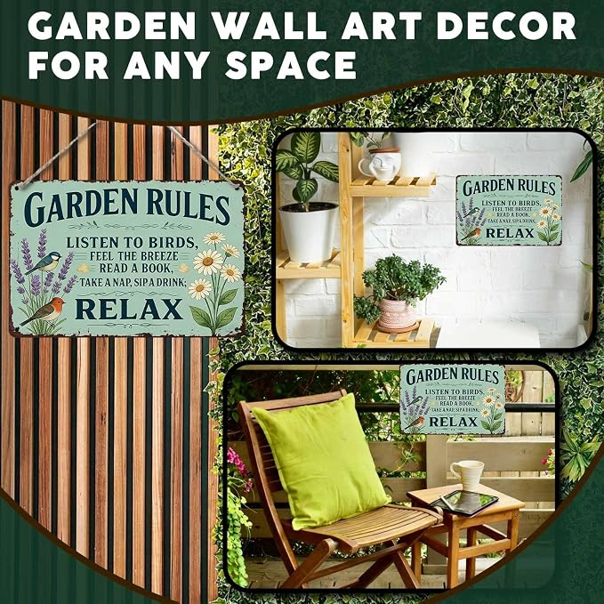 PEACHGARDEN Garden Rules Sign, Funny Relaxing Yard Decor, Vintage Metal Signs for Garden Walls, Outdoor Gifts for Women 8x12 Inch