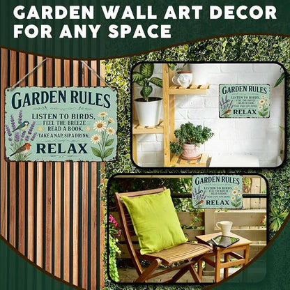 PEACHGARDEN Garden Rules Sign, Funny Relaxing Yard Decor, Vintage Metal Signs for Garden Walls, Outdoor Gifts for Women 8x12 Inch