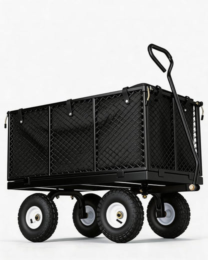 GarveeTech 800LBS Heavy Duty Steel Garden Cart, Garden Wagon Cart on Wheels, Metal Yard Utility Wagon with Removable Mesh Sides, 10" All Terrain Tires, 180° Rotating Handle for Lawn, Garden, Farm