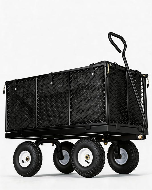 GarveeTech 800LBS Heavy Duty Steel Garden Cart, Garden Wagon Cart on Wheels, Metal Yard Utility Wagon with Removable Mesh Sides, 10" All Terrain Tires, 180° Rotating Handle for Lawn, Garden, Farm