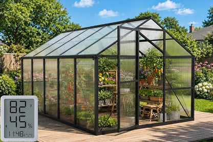 8X10FT Enhanced Aluminum Walk-in Greenhouse for Outdoors with Thermometer | Easy Assembly, UV-Resistant Panel, Rain Gutter, Lockable Sliding Door, Built-in Reinforcement, For Vegetable, Flower and Herb