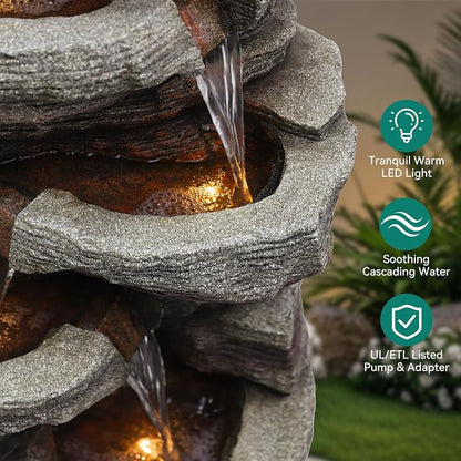 39.4" Stacked Rock Outdoor Fountain LED 6-Tier Bird Waterfall | hand-carved stone with birds, garden patio porch backyard