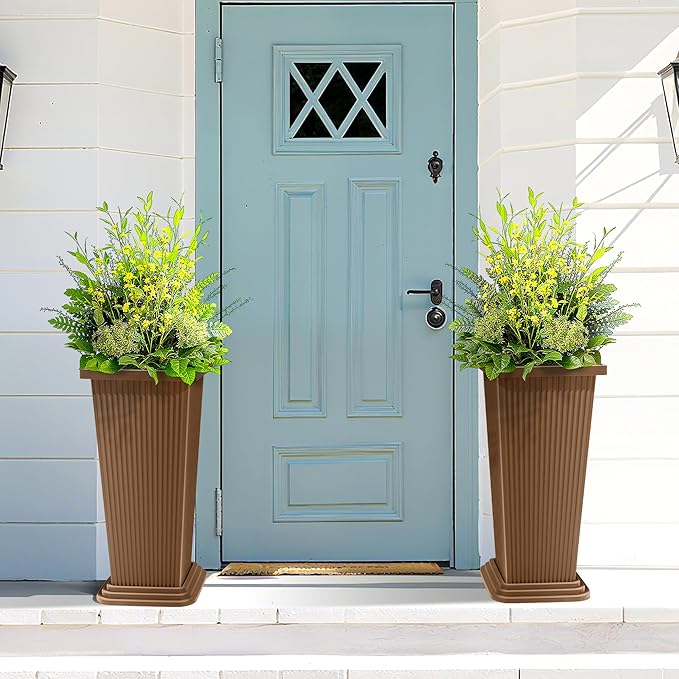 FENCY Set of 2 Tall Planters for Outdoor Plants, Brown Ribbed | 24 Inch, with Drainage Hole & Trays, Plastic Tapered Pots, Weather-Resistant, Front Door Decor