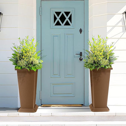 FENCY Set of 2 Tall Planters for Outdoor Plants, Brown Ribbed | 24 Inch, with Drainage Hole & Trays, Plastic Tapered Pots, Weather-Resistant, Front Door Decor