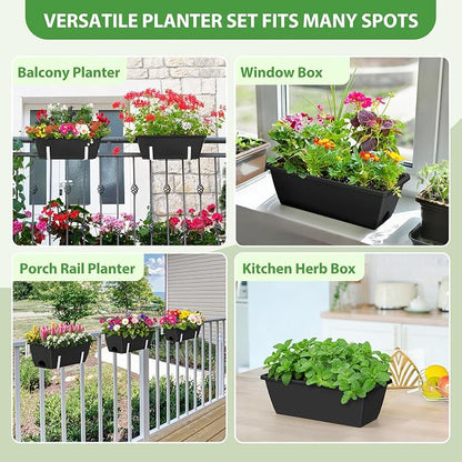 OYEAL Railing Planter Box Outdoor 4 Pack Hanging Balcony Planters 17 Inch Window Boxes Planter with Adjustable Brackets Plastic Flower Pots for Garden Deck Porch Railing Balcony Fence, Black & White