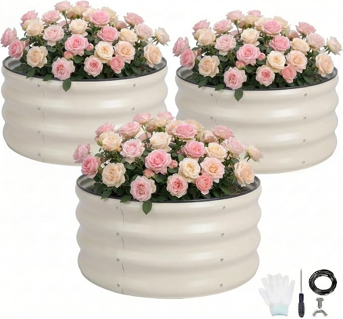 Sponvatt 3 Pcs Round Galvanized Raised Garden Bed Kit 24 x 12 Inch Metal Planter Box Outdoor with Safety Rubber Edge Trim Rust Proof Weather Resistant Circular Steel Garden Beds White 12 Inch Deep