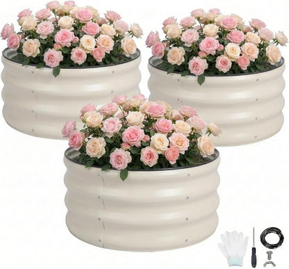 Sponvatt 3 Pcs Round Galvanized Raised Garden Bed Kit 24 x 12 Inch Metal Planter Box Outdoor with Safety Rubber Edge Trim Rust Proof Weather Resistant Circular Steel Garden Beds White 12 Inch Deep