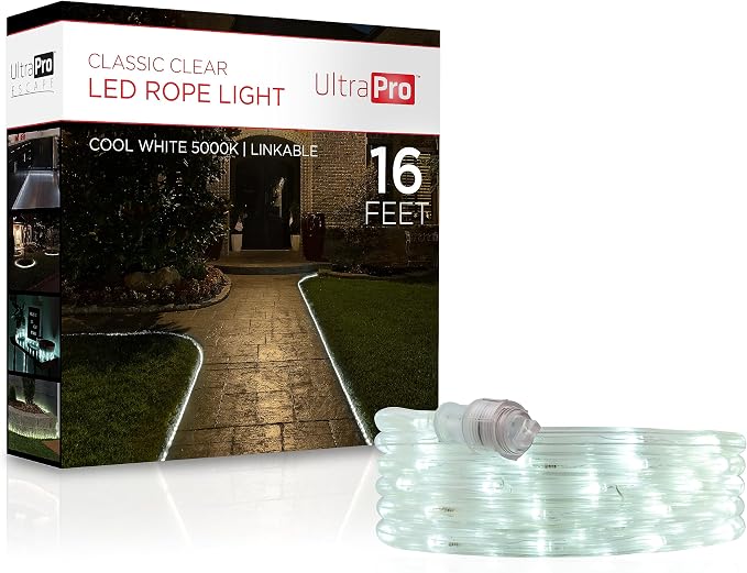 UltraPro LED Rope Lights, 16ft Classic Clear Rope, Cool White Light 5000K, Indoor/Outdoor, Flexible, Linkable, Durable, Rope Lights Outdoor, 54842
