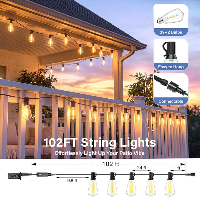 Guhope 102FT Outdoor String Lights with Remote, IP45 Waterproof Dimmable Patio Lights with 39 Shatterproof Edison Bulbs, 24V Connectable Outside Hanging Lights for Porch Garden Backyard Gazebo Party