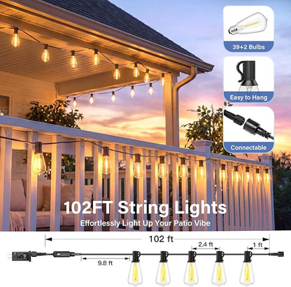 Guhope 102FT Outdoor String Lights with Remote, IP45 Waterproof Dimmable Patio Lights with 39 Shatterproof Edison Bulbs, 24V Connectable Outside Hanging Lights for Porch Garden Backyard Gazebo Party