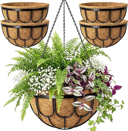 4 Pack 14 Inch Hanging Planters for Outdoor Plants, Black Metal Wire Hanging Flower Baskets with Coco Coir Liner, Large Hanging Plant Pots for Garden, Patio, Balcony, Indoor Home Decor