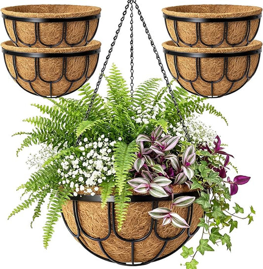 4 Pack 14 Inch Hanging Planters for Outdoor Plants, Black Metal Wire Hanging Flower Baskets with Coco Coir Liner, Large Hanging Plant Pots for Garden, Patio, Balcony, Indoor Home Decor