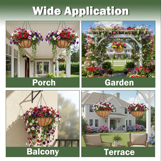 4 Pack 12 Inch Hanging Baskets for Plants Outdoor Metal Hanging Planter Basket with Coco Coir Liner Hanging Flower Baskets Hanging Flower Pots Holder for Garden, Patio(Watermelon)