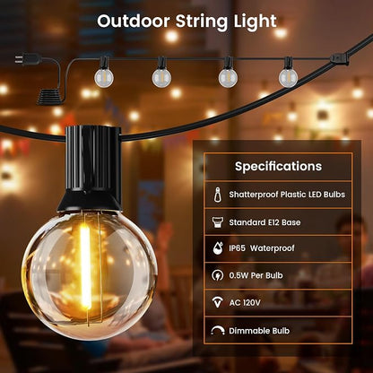 OHLUX Outdoor String Lights, 180FT LED Patio Lights with 82 Dimmable Plastic G40 Globe Bulbs 2 Spares, 2200K Waterproof Connectable Hanging Lights for Backyard Porch Cafe Party Decor E12 Socket