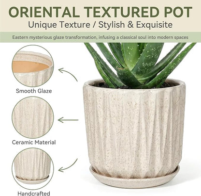 7.5 Inch Ceramic Planter Pot with Saucer Drainage Leak-Proof Mesh,Flower Pots for Indoor Plants with Gardening Gloves,Ceramic Planter (Silk White)