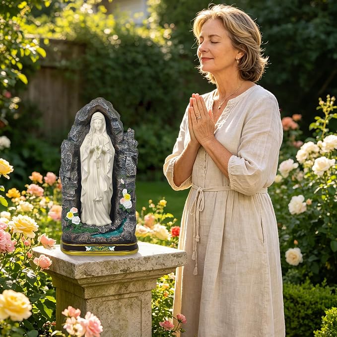 Solar Virgin Mary Garden Statue 18.7" H - Outdoor Blessed Mother Sculpture with Warm Light, Hand Painted Resin Religious Decor for Yard Patio Entryway, Catholic Gift for Mom Women