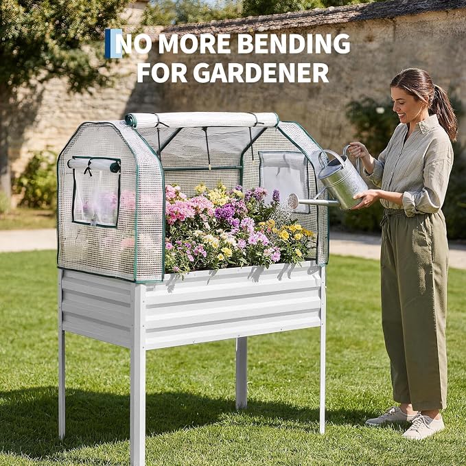 48×24×55in Large Metal Raised Garden Bed with Legs and Cover, Galvanized Oval Raised Bed Planter with Leg for Vegetables and Flowers, Build-in Spray Tube Effortless Watering | Elevated Metal Planter with Built-In 3-Spray Nozzle Watering System, Drain T...