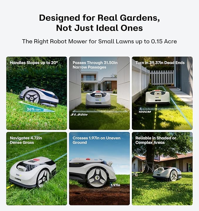 Raccoon 2 SE Robot Lawn Mower with Navigation Passage Plate, Auto Mapping Robotic Lawnmower for 0.15 Acre with APP Control, Vision Navigation, 20°Slope, Ideal Robot Mower for Small Lawns