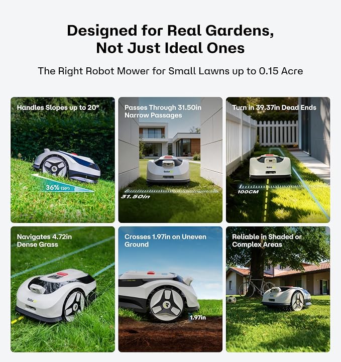 Raccoon 2 SE Robot Mower with Ground Stake, Auto Mapping Robotic Lawnmower for 0.15 Acre with APP Control, Vision Navigation with AI Obstacle Avoidance, Ideal Robot Mower for Small Lawns