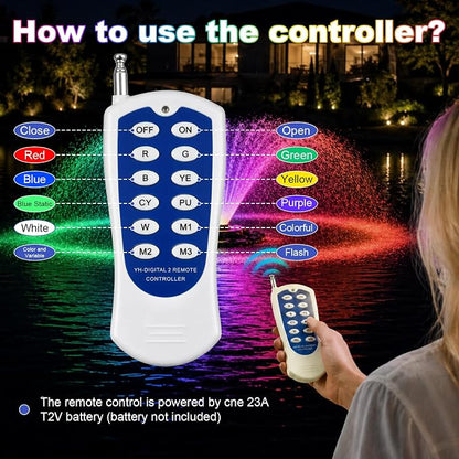 Pond Fountain Aerator, with 4 RGB Lights 1HP 110V 15000 GPH Pond Fountain Pump with Lights, Fully Automatic Lake Floating Fountain, 100 FT Power Cord, Pond Fountains for Large Ponds Lake