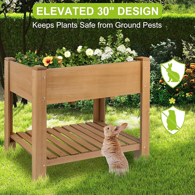 ketive Raised Garden Bed with Legs - Elevated Wooden Planter Box, Durable Fir Wood, Reinforced Frame with Drainage Holes, Liner, and Storage Shelf for Vegetables, Herbs, Flowers, 33.5" x 18" x 30"