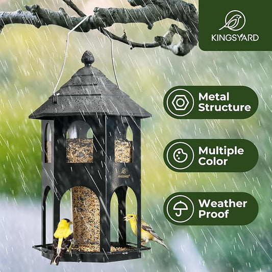 Kingsyard Metal Bird Feeder for Outdoor Hanging, Wild Bird Feeders with Circular Perch, Easy to Clean & Refill, 4 lbs Large Seed Capacity, Black