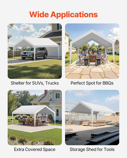 VEVOR Carport Replacement Canopy Cover, 12 x 20 ft Potable Garage Tent Top Tarp, UV-Resistant & Waterproof Car Shelter Tarp, Heavy Duty Car Port Cover with Ball Buggees, White, Frame Not Included