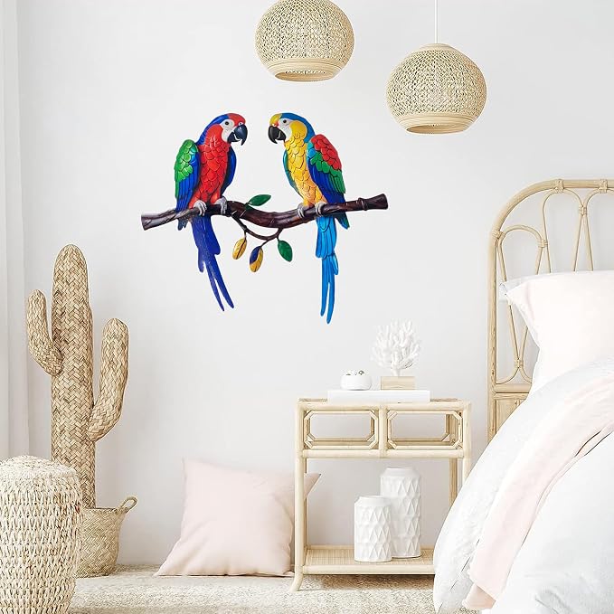 Limygus Colorful Tropical Double Parrot Metal Wall Art, Indoor Outdoor Hanging Decor for Patio Yard Balcony Living Room