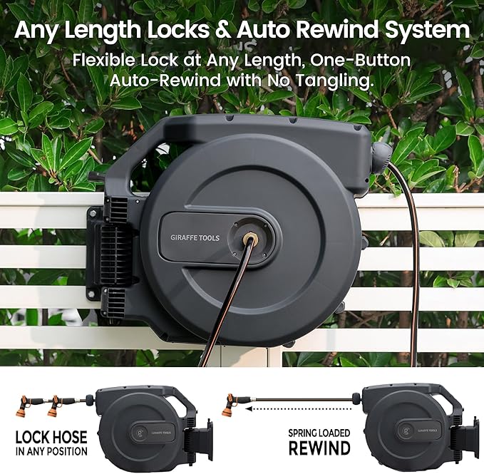 Giraffe Tools AW505/8 Retractable Garden Hose Reel 5/8" x 115+5 ft, Heavy Duty Wall Mounted Water Hose Reel Automatic Rewind, 180 Deg Swivel Bracket, Slow Retraction, 115ft, Dark Grey