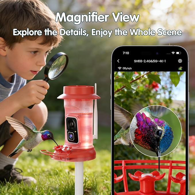 Hummingbird Feeder with Camera, 4K Ultra HD Video at 30fps, 10x Slow-Motion at 120fps,1.9in Closer Focus, No Subscription,Leak Proof, Ant Moat,Solar Powered, 2.4G&5G Wi-Fi,Bird Lover Gift