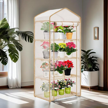 Purlyu 4-Tier Mini Greenhouse – Indoor or Outdoor Gardening Hot House with PE Zippered Cover and Metal Shelves for Growing Vegetables, Flowers and Seedlings 63'' H x 27'' L x 19'' W (PLGH704OWW)