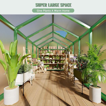 Greenhouse, 6x10 Ft Outdoor Greenhouses, Accessible Green House with Roof Vents and Sliding Doors, Aluminum Frame Polycarbonate Greenhouses, Large Greenhouse for Outdoor Gardens and Backyards, Green